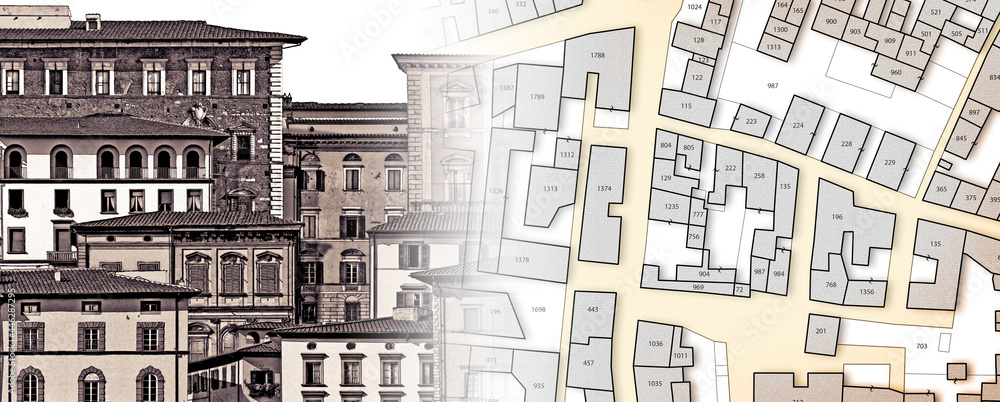 Old imaginary italian cityscape with residential building over an imaginary cadastral map - concept image