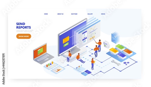 Send reports, landing page design, website banner vector template. Data transfer.