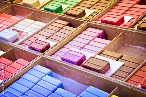 Collection of colorful unpackaged organic ecological soaps