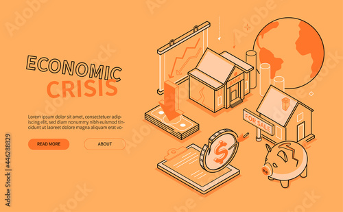 Economic crisis - line design style isometric web banner