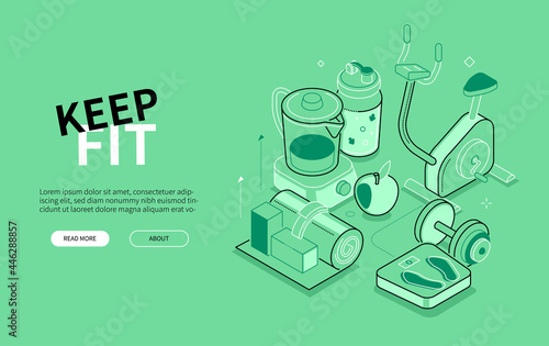 Keep fit - line design style isometric web banner