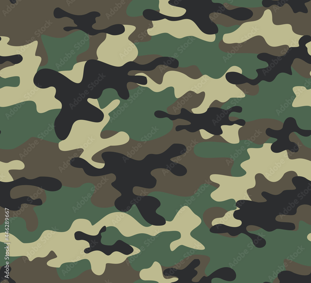 Green camo background, army uniform pattern, repeat background, trendy print.  Stock Vector