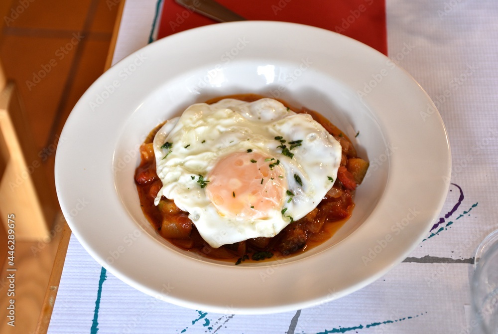 Ecological fried egg on vegetable ratatouille with tomato. Vegetables from nearby orchards. La Rioja, Spain.