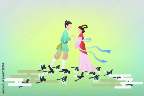 Cowherd and the Weaver meet by Magpie Bridge. Faceless Gradient coloring vector.