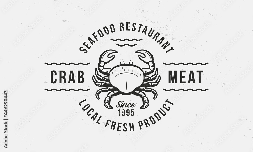 Vintage Crab Meat emblem. Seafood Restaurant logo, poster template. Crab illustration template for restaurant menu. Vector illustration