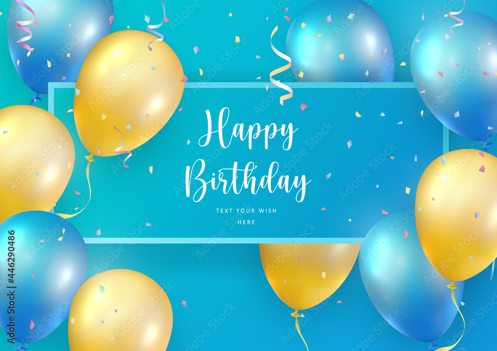 Φωτογραφία Elegant blue yellow ballon and party popper ribbon Happy Birthday celebration ca
