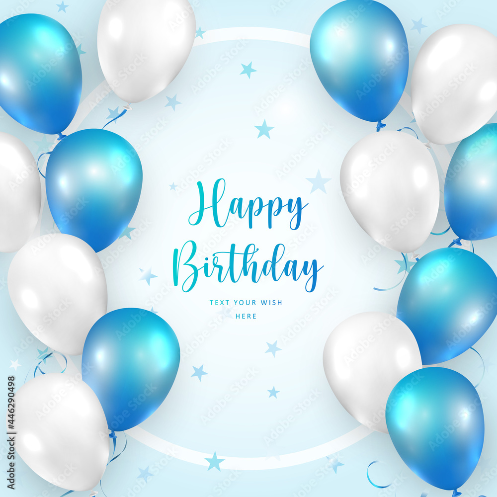 Elegant blue white ballon and ribbon Happy Birthday celebration card