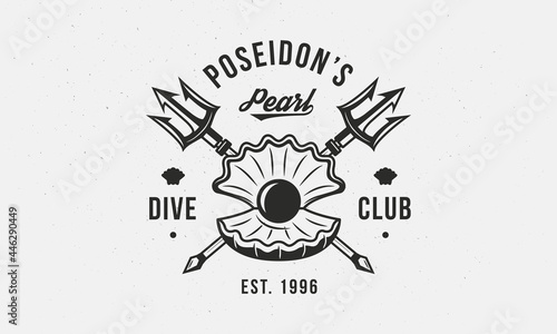 Dive Club logo. Vintage diving club logo template with Pearl and crossed tridents. Dive Club print for t-shirt, poster, typography. Vector illustration