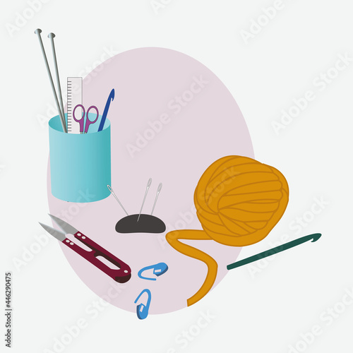 Knitting needles and hook. A skein of thread. Needlework, sewing tools and knitting collection. Vector decorative background