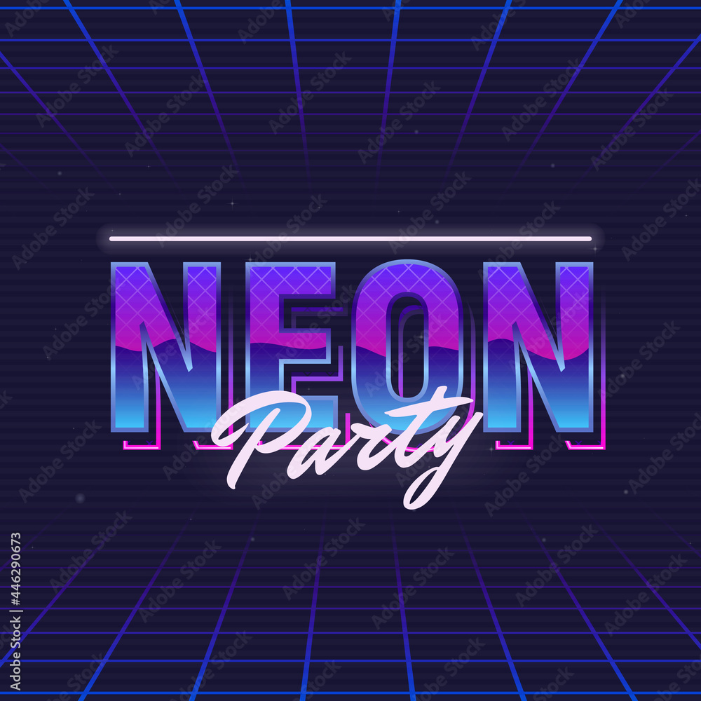 Neon Party logo template. 80's logo design with Neon light and retro