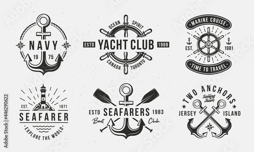 Nautical vintage logo set. Nautical emblems for t-shirt, banner, poster design. Anchor, Sea Wheel, Lighthouse icons. Trendy Hipster design. Marine labels templates. Vector illustration