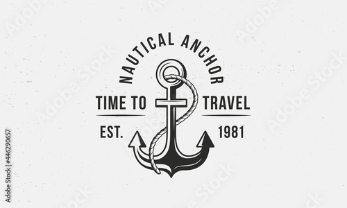 Nautical Anchor logo, poster. Marine logo design. Print for t-shirt, typography. Vintage hipster marine logo with anchor and rope. Vector illustration
