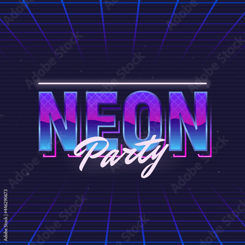 Neon Party logo template. 80's logo design with Neon light and retro chromium effect. Trendy retro 1980s logo design. Vector Print for T-shirt, typography.