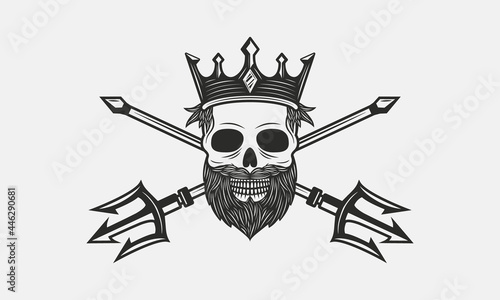 Poseidon, Neptune logo isolated on white background. Poseidon emblem with skull, crown and crossed tridents. Vintage print for t-shirt, typography. Vector illustration