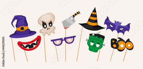 Halloween party photo booth props set with witch hat, skull, zombie, glass, smile and knife with blood for festival and party. Vector illustration