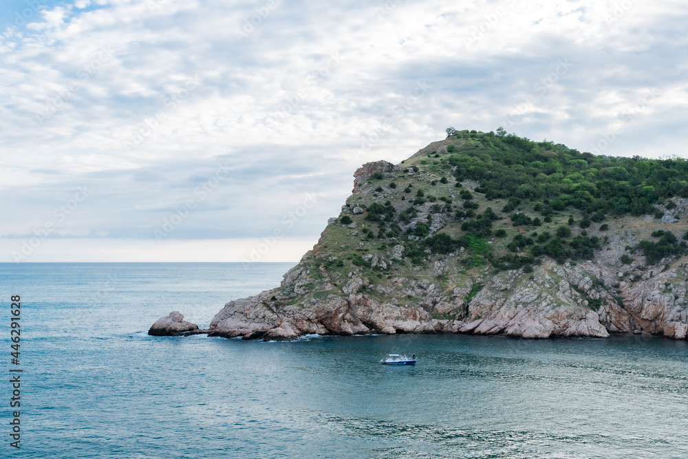 Rock in the sea bay. Sea bay rock view. Landscape of sea bay 