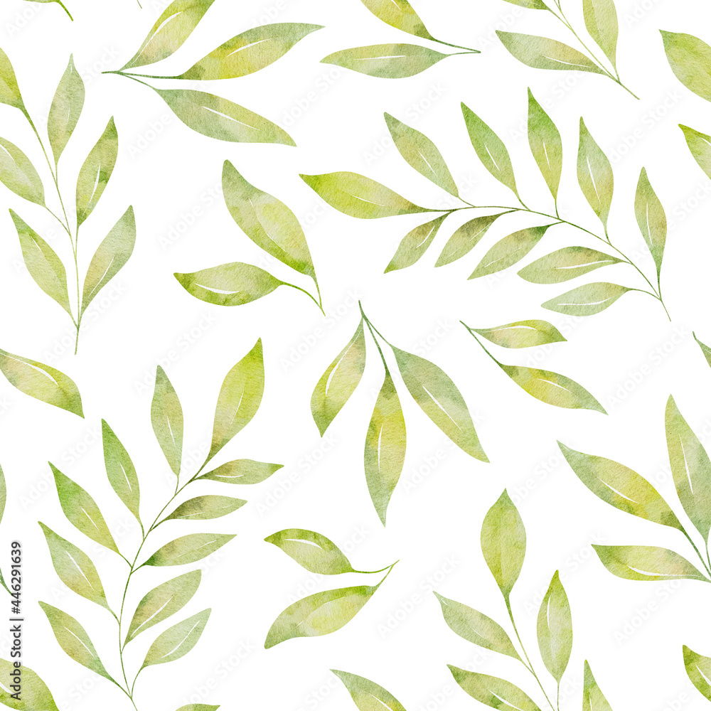 Watercolor floral seamless pattern with green leaves and branches isolated on white background.