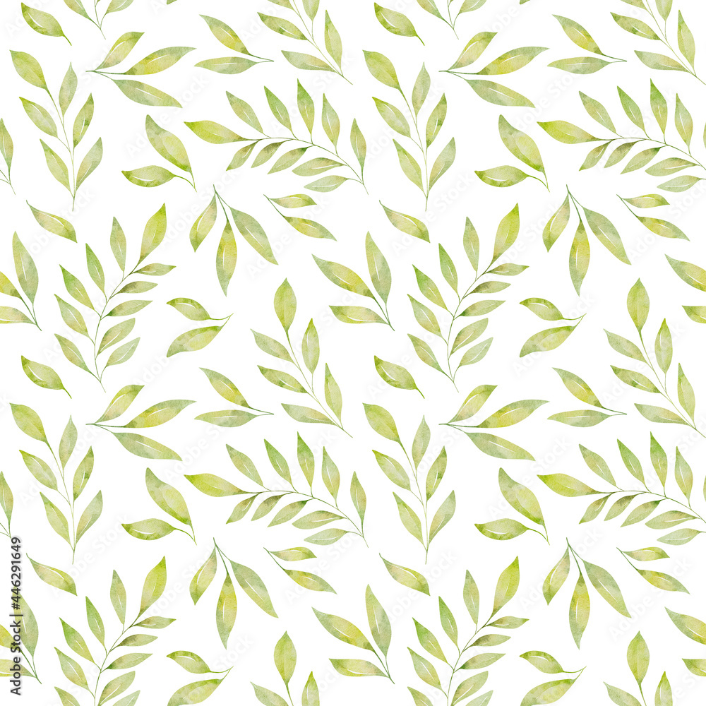 Fototapeta premium Watercolor floral seamless pattern with green leaves and branches isolated on white background.