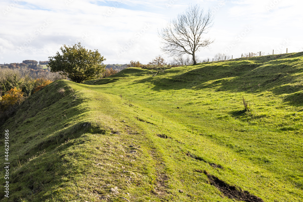 Some of the Iron Age ramparts of Uley Bury a large multivallate hillfort on a spur of the Cotswold escarpment at Uley, Gloucestershire UK