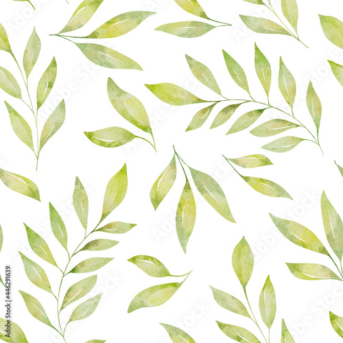 Watercolor floral seamless pattern with green leaves and branches isolated on white background.