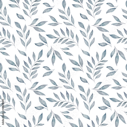 Watercolor floral seamless pattern with blue leaves and branches isolated on white background.