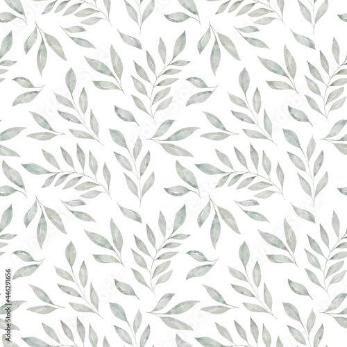 Watercolor floral seamless pattern with gray leaves and branches isolated on white background.