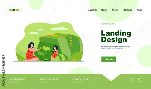 Ancient woman and kid painting on stone wall isolated flat vector illustration. Cartoon Prehistoric people drawing primitive animals and hunters. Rock art design and family concept