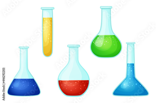 Set of colored chemical flasks in cartoon style. Vector illustration isolated on white background. Multi-colored liquid with elixir. Laboratory tubes 