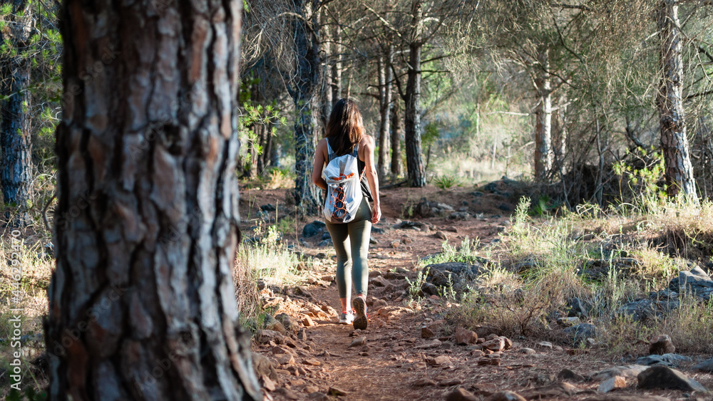 Young woman with backpack walking between trees in the countryside Young woman with backpack walking between trees in the countryside
