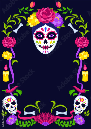 Fototapeta Naklejka Na Ścianę i Meble -  Day of the Dead decorative frame. Dia de los muertos. Mexican celebration.