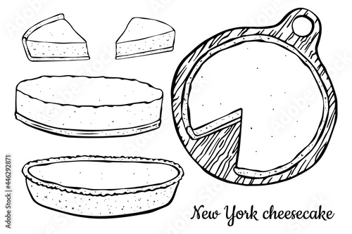 Illustration of different types of cheesecake. Pie top, side, slice of pie.