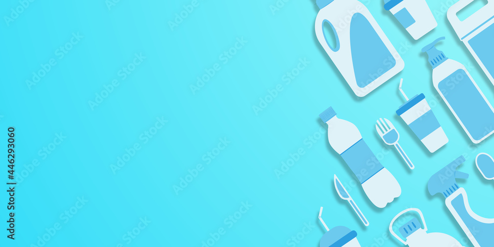 Fototapeta premium Disposable plastic. Copy space. Flat lay. Bottle, glass, spoon, knife, canister, spray. Light on the right. Flat style items on the right. Color maldives background. Vector design.