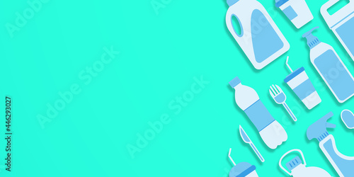 Disposable plastic. Copy space. Flat lay. Bottle, glass, spoon, knife, canister, spray. Light on the right. Flat style items on the right. Mint color background. Vector design.