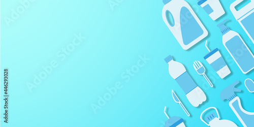 Disposable plastic. Copy space. Flat lay. Bottle, glass, spoon, knife, canister, spray. Light on the left. Flat style items on the right. Color maldives background. Vector design.