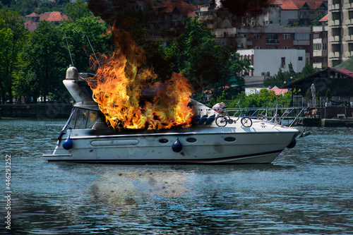 The yacht is burning. Fire on board the ship © bogdan vacarciuc