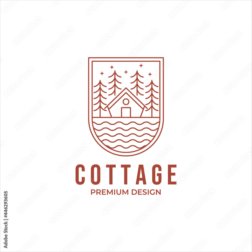 Naklejka premium cottage riverside with pine tree at night time line art logo vector design