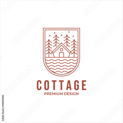cottage riverside with pine tree at night time line art logo vector design