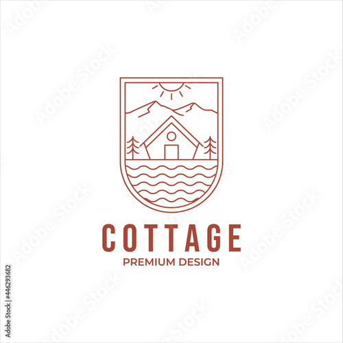 cottage riverside with pine tree and mountain at daytime line art logo vector design