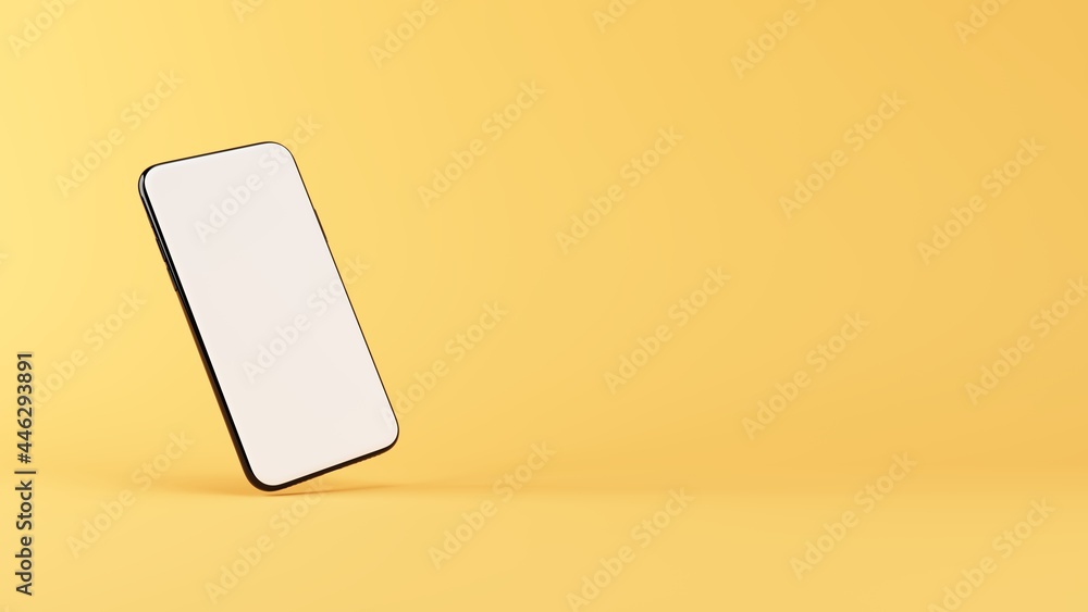 Smartphone mock up standing on rounded corner, isolated on yellow. Blank white screen for adding your content. 3D illustration. Smartphone mock up standing on rounded corner, isolated on yellow. Blank white screen for adding your content. 3D illustration.