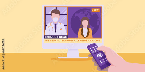 He was turning on the TV to see the news about the vaccine now what happened.
Illustration about turn on tv.