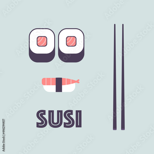 sushi rolls sticks with the inscription sushi
