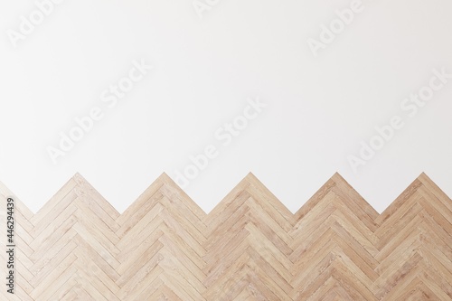 Top down view of wooden parquet flooring transitioning into white background. 3D illustration.