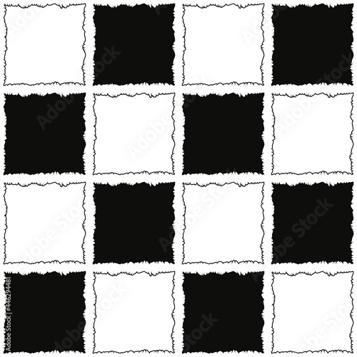 Torn checker ornament. Vector black and white patches decorative pattern.