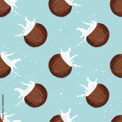 Broken coconut with coconut water, or milk seamless pattern. Fruity, tropical vector illustration on a blue background.