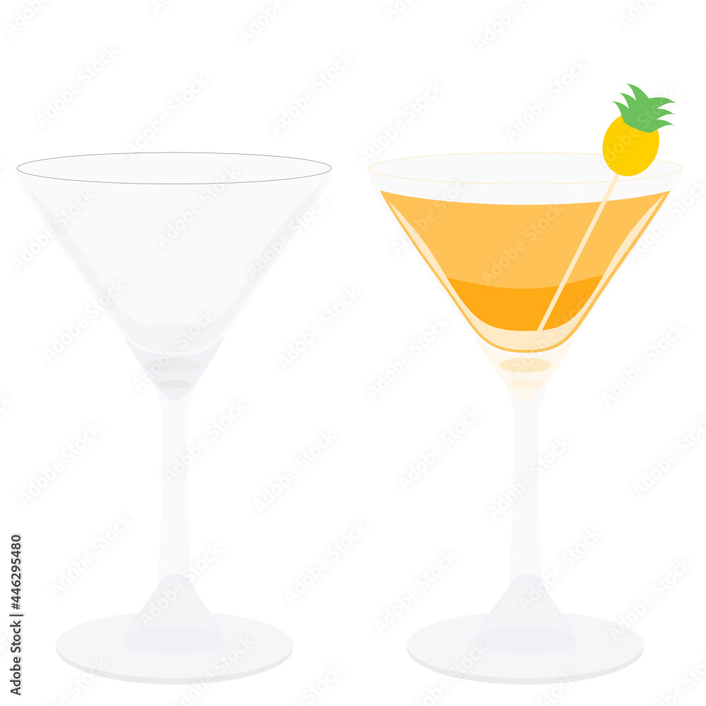 Two cocktail glasses, empty and with juice, svg vector illustration