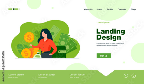 Banker offering loan. Investor or entrepreneur getting income. Woman with heap of cash, sack and wallet. Vector illustration for finance, money, financial success, profit, business concept