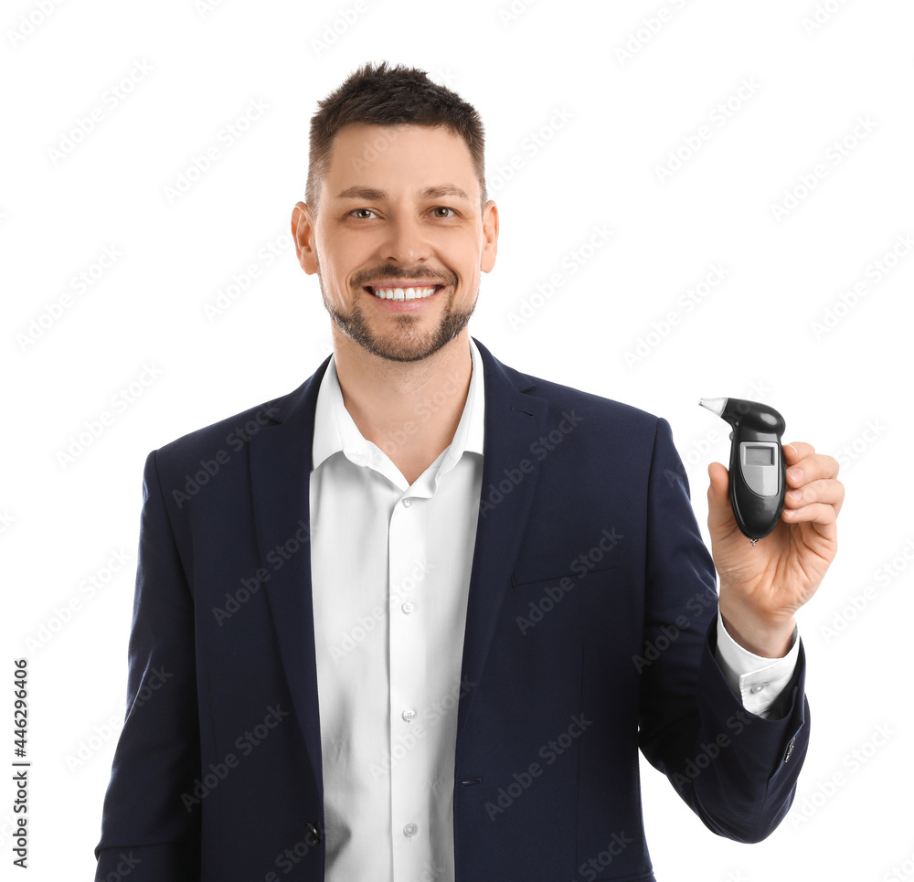 Man with modern breathalyzer on white background Man with modern breathalyzer on white background