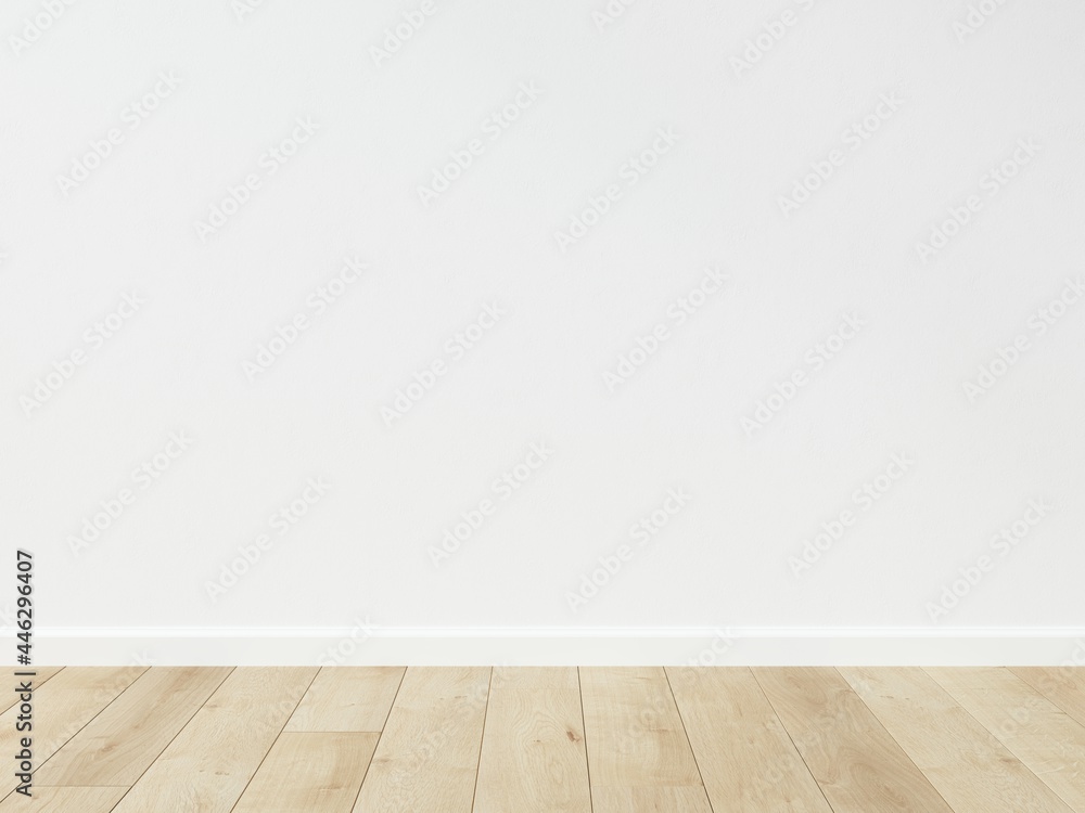 Empty room interior. View of wooden parquet flooring and white flat wall. Template for presentation of your product. 3D illustration. - obrazy, fototapety, plakaty 