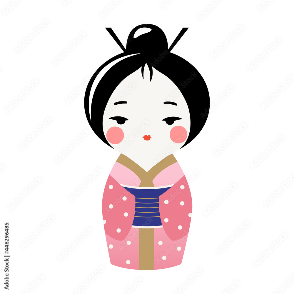 Cute Kokeshi doll in kimono. Traditional japanese souvenir. Vector kawaii kimono girl. Cute Kokeshi doll in kimono. Traditional japanese souvenir. Vector kawaii kimono girl.