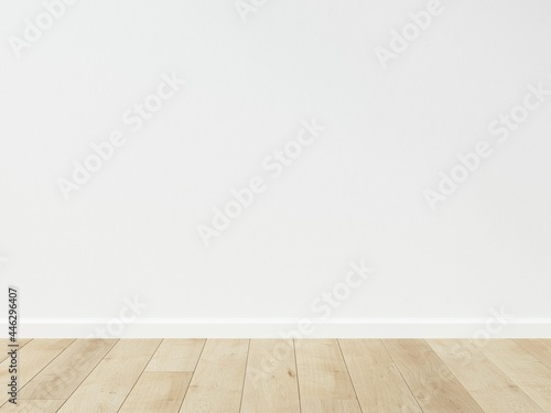 Empty room interior. View of wooden parquet flooring and white flat wall. Template for presentation of your product. 3D illustration.